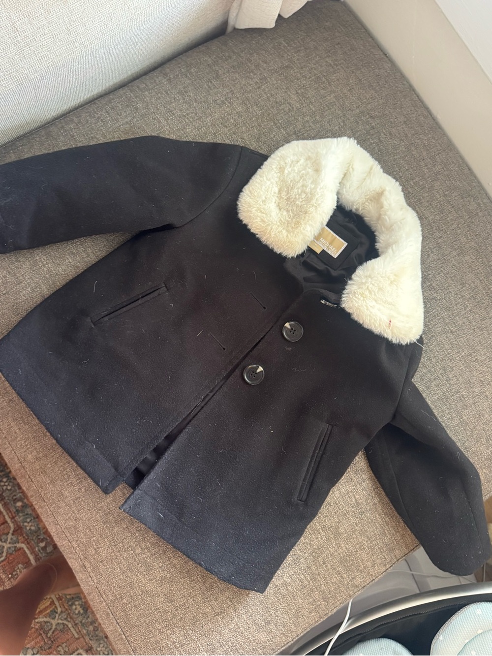 Michael Kors Black Kids Peacoat with Cream Faux Fur Collar